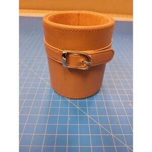 Tan Leather Pen Pencil Holder Desk Organizer Office Accessory Buckle Design